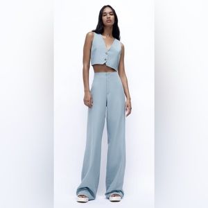 Zara Linen Blend Vest Pant Set Mid-Blue Size Small